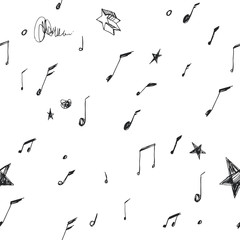 Materiał do szycia Vector seamless pattern with notes isolated on white. Abstract texture with musical hand drawn symbols. Simple background with funny signs