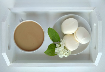 Breakfast, marshmallow, coffee, flowers, Breakfast on tray, coffee with milk, white tray, hydrangea