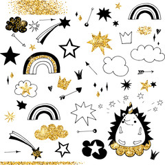 fairy doodle black and gold elements, rainbow, stars and clouds