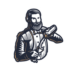 Bearded barmen, barkeeper or bartender in work silhouette with shaker logo design on white background - Hand drawn man with beard and mustache vector illustration. Gold and white vintage emblem design