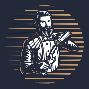 Bearded barmen, barkeeper or bartender in work silhouette with shaker logo design on black background - Hand drawn man with beard and mustache vector illustration. Gold and white vintage emblem design