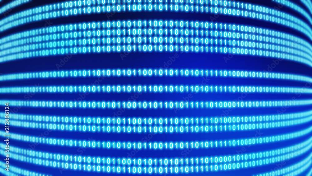 Poster 01 or binary data on the computer screen on blue background in technology concept, 3d curve illustra