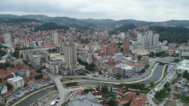 Panoramic drone shot of central Uzice city in Serbia