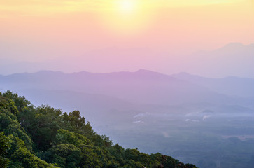 View of mountain with fog and color of sunrise filter color style