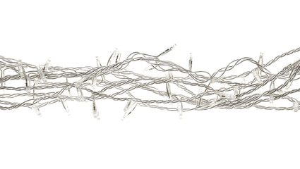 Christmas lights on white background, top view