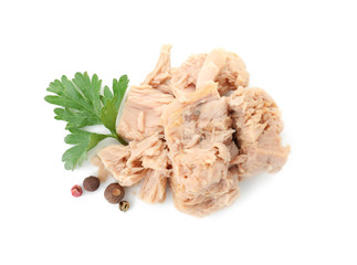 Delicious canned tuna chunks on white background, top view
