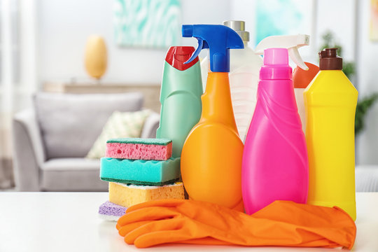 Set of cleaning supplies on table indoors