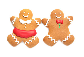Tasty homemade Christmas cookies on white background