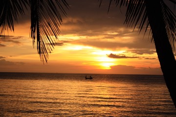 Fototapeta na wymiar Sonnenuntergang Palme Boot Strand
