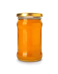 Jar with delicious honey on white background