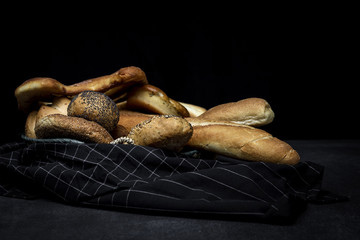 Assortment of fresh and golden breads.