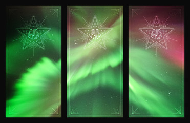 Set of vertical banners with beautiful starry sky and Northern lights. Vector illustration with aurora borealis. Abstract colorful cards for design