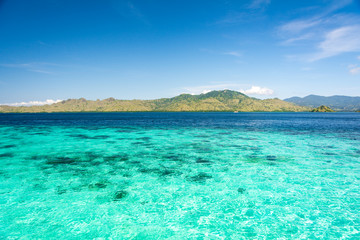 Fototapeta premium Two Different Color of Clear Turquoise and Blue Sea at Taka Makassar Island in Komodo National Park, Indonesia