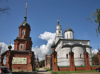 Fototapeta na wymiar Cathedral of St. Nicholas, bell tower and Resurrection cathedral at Kremlin of Volokolamsk. Russia