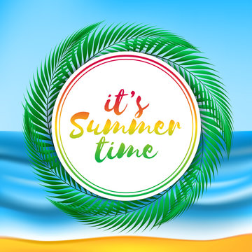 Summer time vector illustration on colorful beach background. Vector colored illustration