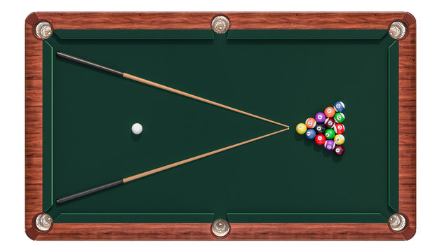 Billiard table with balls and cue, top view. 3D rendering