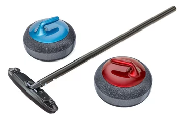 Kussenhoes Curling broom and curling stones, 3D rendering © alexlmx
