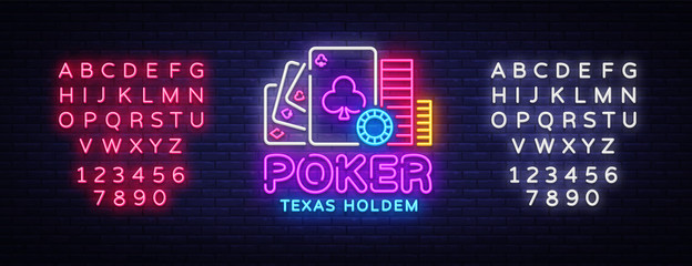 Poker neon sign design vector template. Casino Poker Texas Holdem Night Logo, Bright Neon Signboard, Design Element for Casino, Gambling Neon, Bright Night Advertising. Vector. Editing text neon sign