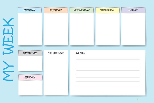 Blue color weekly planner with a chart for notes and white charts for each day of the week designed by different color are ready for your text. 