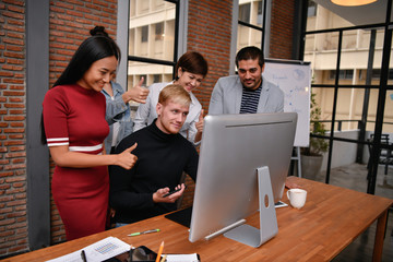 Business concept. Businessmen are shouting with joy. Business people are raising their hands for business success.