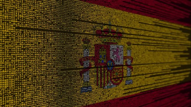 Program code and flag of Spain. Spanish digital technology or programming related loopable animation