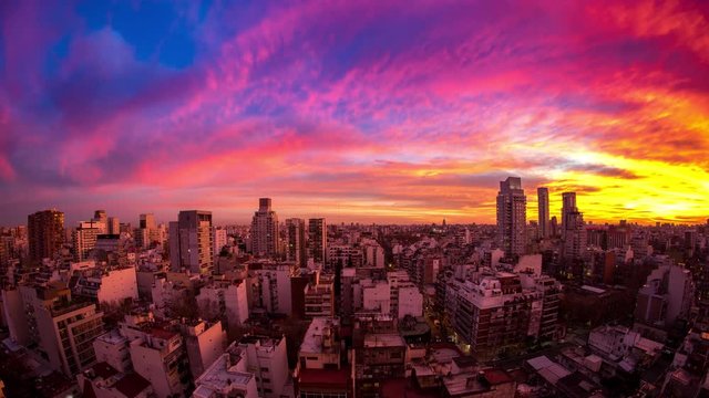 Time-lapse view on the skyline of the city as colorful clouds pass by in the light of the setting sun in Buenos Aires, Argentina.
