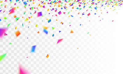 Stock vector illustration realistic defocused colorful, multicolor confetti, glitters Isolated on a transparent checkered background. Festive background. Holiday decorative tinsel element for design