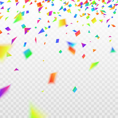 Stock vector illustration realistic defocused colorful, multicolor confetti, glitters Isolated on a transparent checkered background. Festive background. Holiday decorative tinsel element for design