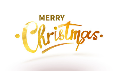 Stock vector illustration text Merry Christmas lettering shiny, sparkly typeface gold leaf. Golden confetti Isolated on white background. Greeting card, poster, brochure or flyer template EPS10