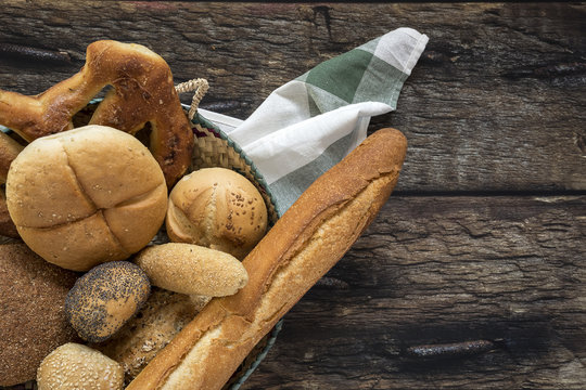 Assortment of fresh and golden breads.