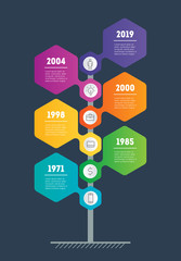 Vertical Timeline infographics with 6 parts. The development and growth of the business. Time line of tendencies and trends graph. Business presentation with 6 options, steps or processes.