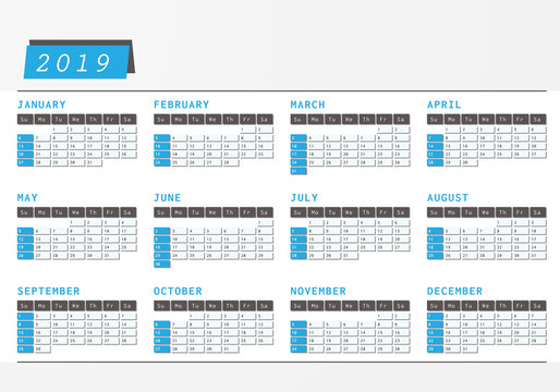 Year Calendar 2019 office horizontal design