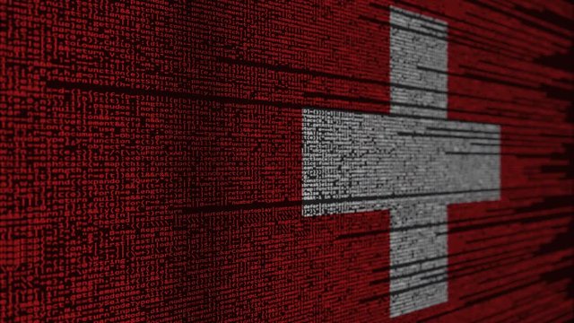 Program code and flag of Switzerland. Swiss digital technology or programming related loopable animation