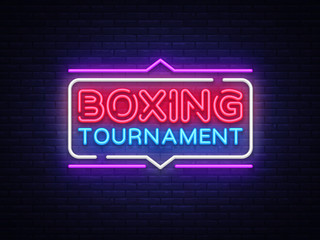Boxing Tournament neon sign vector. Boxing Design template neon sign, light banner, neon signboard, nightly bright advertising, light inscription. Vector illustration