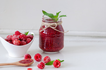 Raspberry jam and fresh raspberry