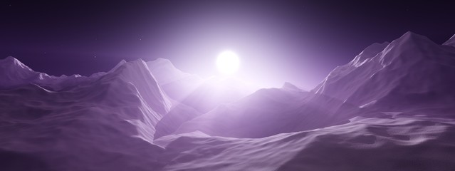Sunrise in the mountains. Mountain sunset. The mountains are in a fog.
3D rendering

