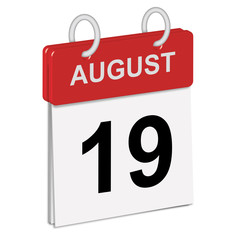 Daily calendar of single-leaf rings, red spine, 3d,illustration, day,august,nineteenth, 19th