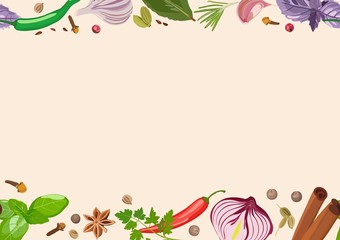 Spices and condiments on light background. Cooking, products. Vector illustration