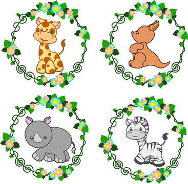 four bright stylized animals in a round floral frame, vector