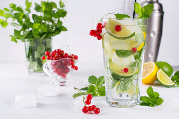 Various berry lemonade or mojito cocktails, fresh iced lemon lime , Red currant infused water, summer healthy detox drinks light background