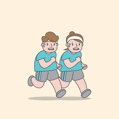 Jogging fat couple illustration vector on yellow background. Exercise concept.