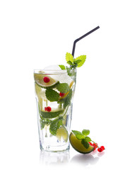 Refreshing glass of tradition Summer drink mojito with lime and mint , red currant isolated on white