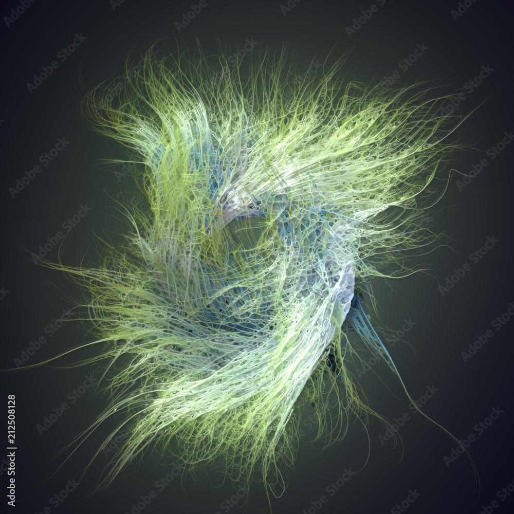 Poster Curl noise flow abstract colored lines. 3d rendering