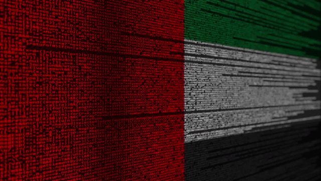 Program code and flag of the UAE. United Arab Emirates digital technology or programming related loopable animation
