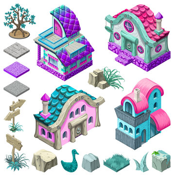 Set 3d isometric building for computer games. Cottages and icons create landscape design. Vector cartoon illustration.