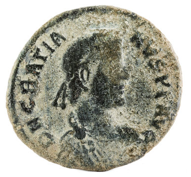 Ancient Roman copper coin of Emperor Gratian. Obverse.