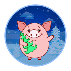 Sticker Pig with a toy tree on the background of the winter landscape. Evening. Symbol of the new year in the Chinese calendar. Cartoon. Vector..