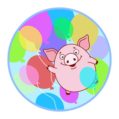 Sticker Pig flying on a balloon on the background of colorful balloons. Symbol of the new year in the Chinese calendar. Cartoon. Vector.