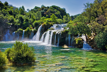 Beautiful cascade waterfalls from Krka National Park near to Sibenik and Split in Croatia