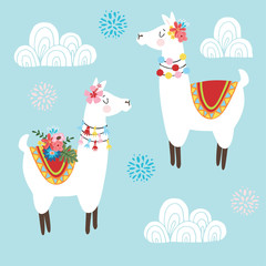 Cute hand drawn lama alpaca or guanaco with ornametal clouds and flowers. Tribal kids South American design. Vector illustration background.